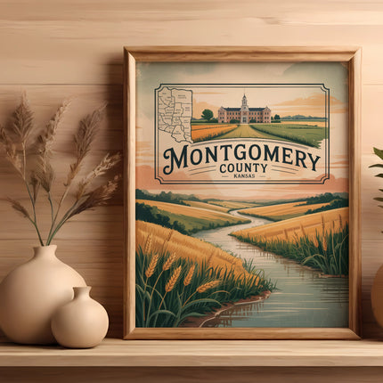 Montgomery County, Kansas framed print with landscape art and wheat fields.