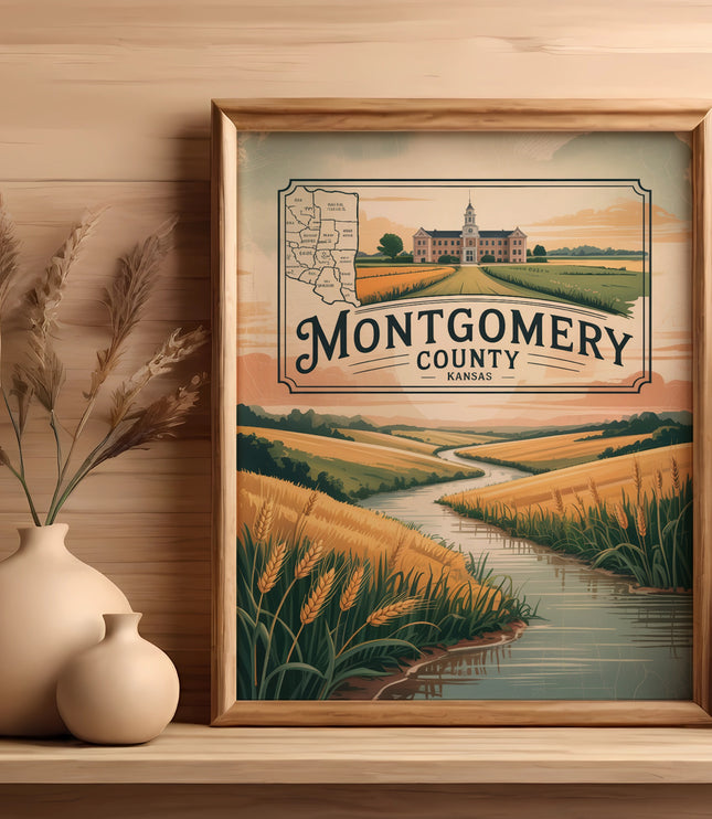 Montgomery County, Kansas framed print with landscape art and wheat fields.