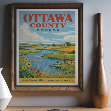 Retro poster of Ottawa County, Kansas with river, fields, and people fishing.