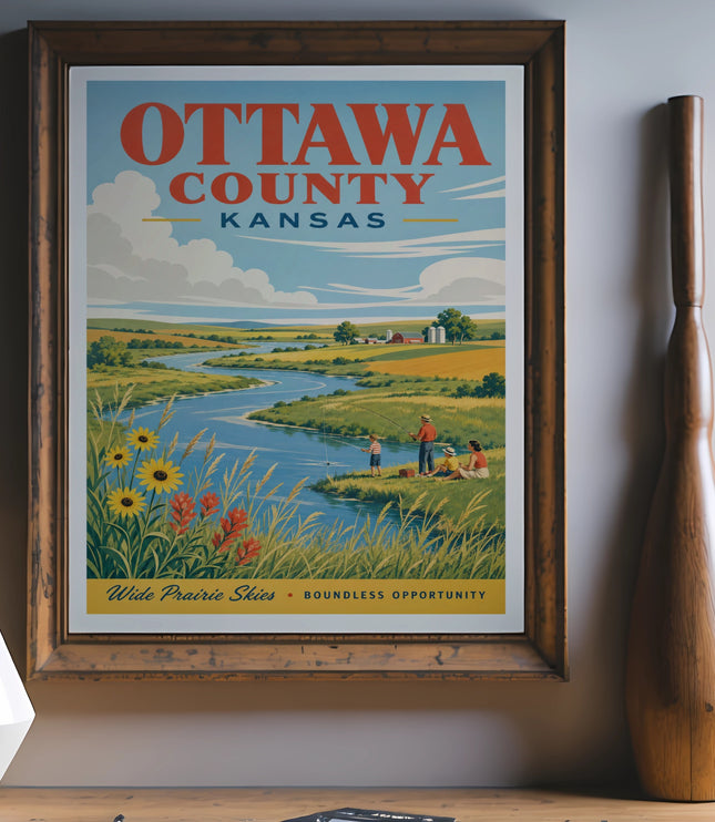 Retro poster of Ottawa County, Kansas with river, fields, and people fishing.