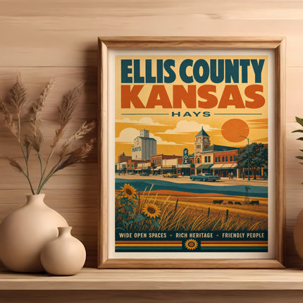 Ellis County Kansas poster with sunflowers, barns, and text.