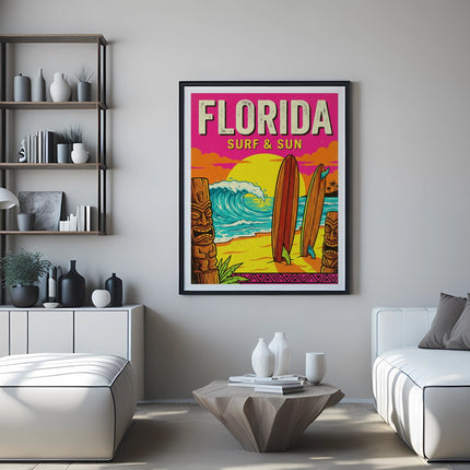 Vintage Florida Surf & Sun poster with surfboards and palm trees.
