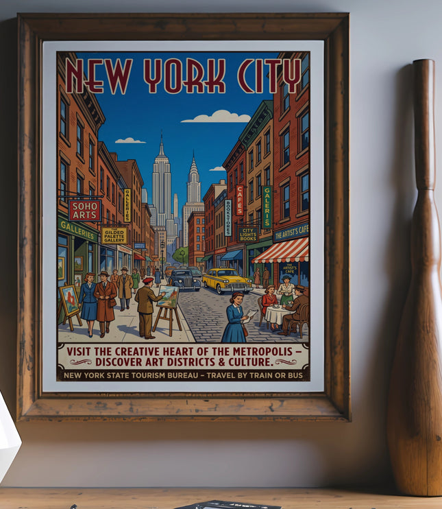 New York City vintage travel poster featuring street scenes and skyscrapers.