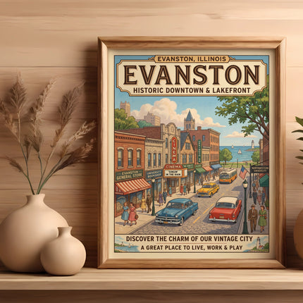 Framed poster of Evanston, Illinois featuring historic downtown and lakefront scene.