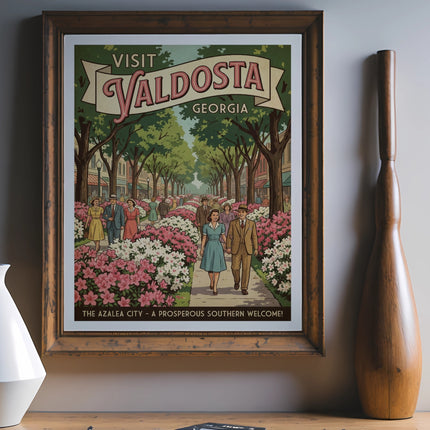 Vintage travel poster for Valdosta, Georgia, with people walking down Azalea City path.