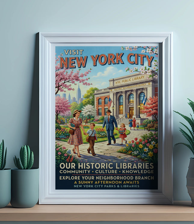 Retro poster of New York City libraries with families and Empire State Building.