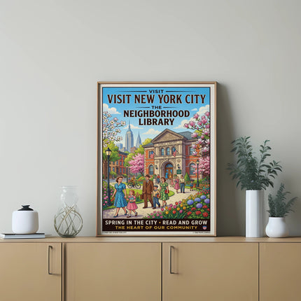 Vintage "Visit New York City The Neighborhood Library" travel poster.