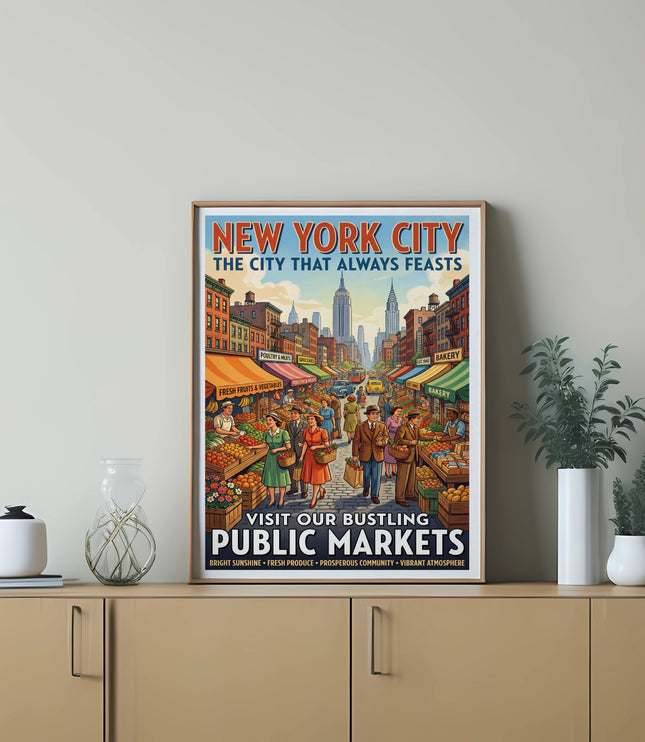 New York City poster depicting bustling public markets with people and fresh produce.