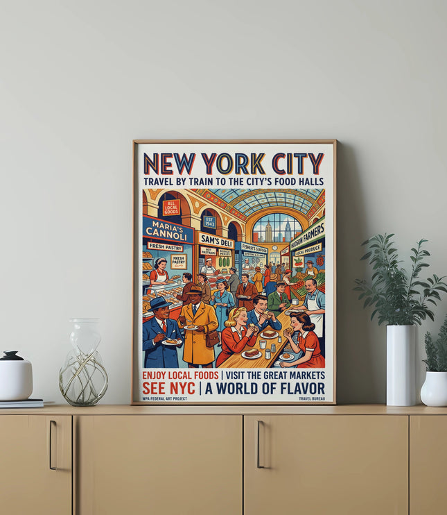 New York City travel poster depicting food hall scene with text "Enjoy Local Foods, See NYC".
