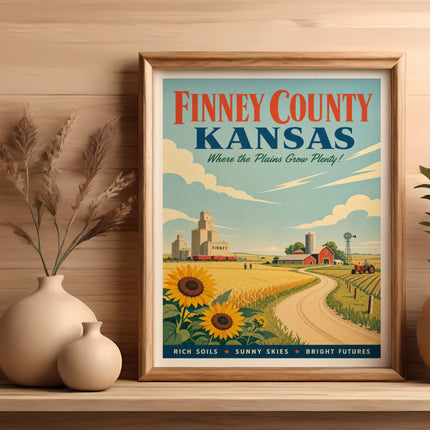 Vintage travel poster for Finney County, Kansas, featuring a rural landscape.