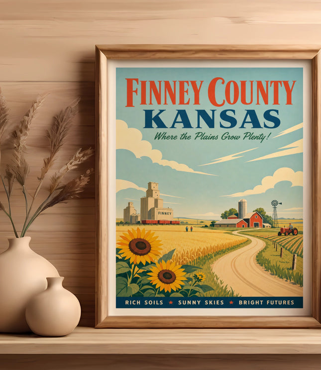 Vintage travel poster for Finney County, Kansas, featuring a rural landscape.