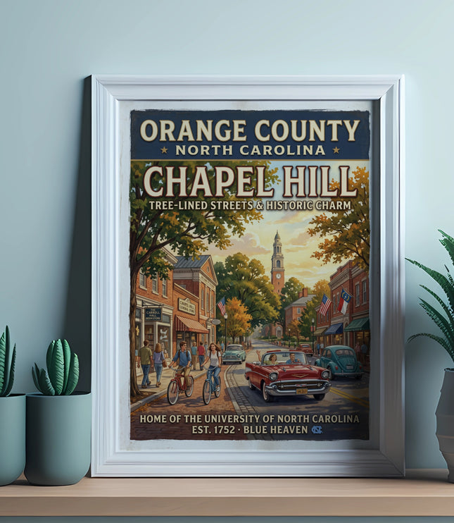 Vintage art print of Chapel Hill, North Carolina showing Franklin Street.