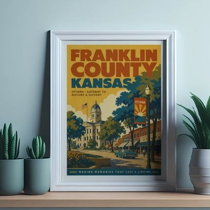 Framed print of Ottawa, Kansas, with "Franklin County Kansas" text and a street scene.