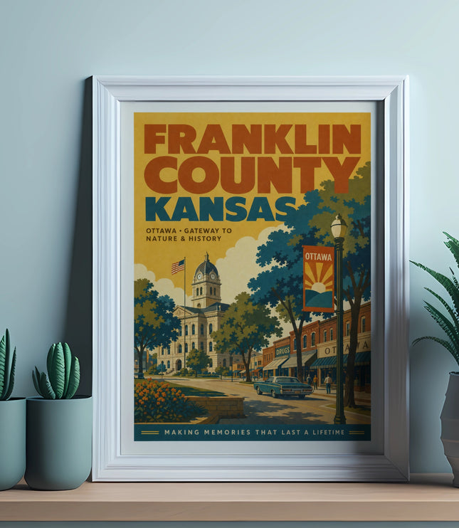 Framed print of Ottawa, Kansas, with "Franklin County Kansas" text and a street scene.
