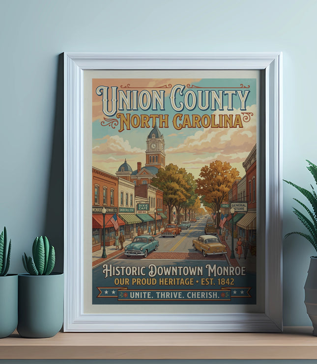 Poster of Union County, North Carolina, historic downtown Monroe est. 1842.
