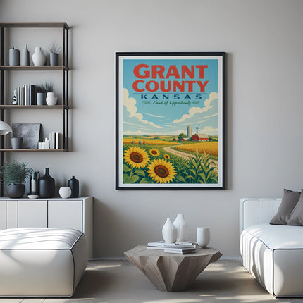 Grant County, Kansas land of opportunity vintage poster with sunflowers and farm.