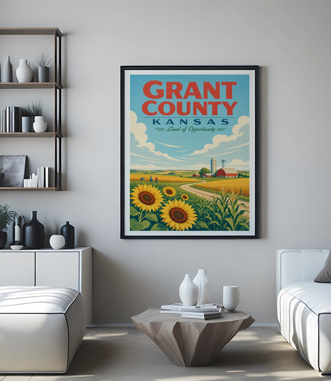 Grant County, Kansas land of opportunity vintage poster with sunflowers and farm.