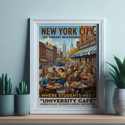 New York City University Cafe poster featuring students in Greenwich Village.