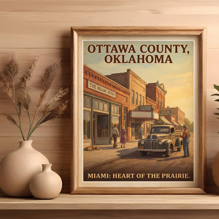 Vintage poster of Ottawa County, Oklahoma with text "Miami: Heart of the Prairie."