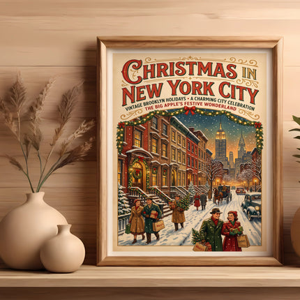 Vintage poster of Christmas in New York City with festive Brooklyn holiday scene.
