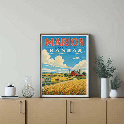 Marion County, Kansas farm scene with wheat fields and red barn under a cloudy sky.