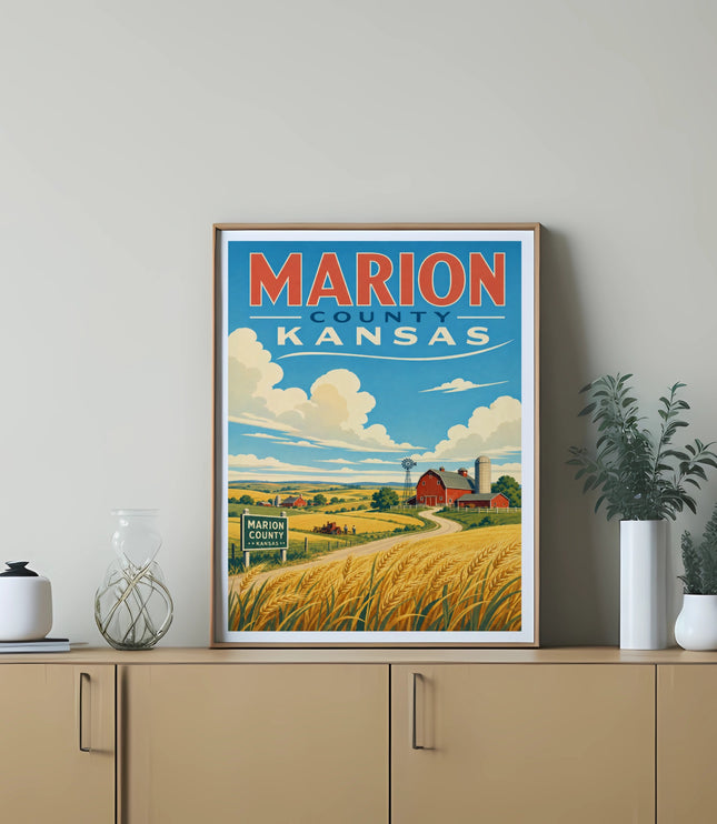 Marion County, Kansas farm scene with wheat fields and red barn under a cloudy sky.