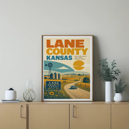 Poster for Lane County, Kansas, featuring a road and landscape with text.