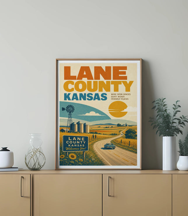 Poster for Lane County, Kansas, featuring a road and landscape with text.
