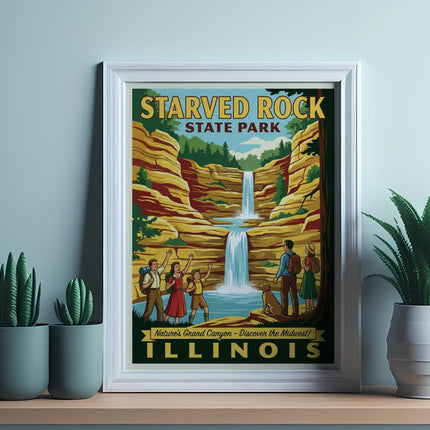 Starved Rock State Park Illinois poster with waterfall and happy people.