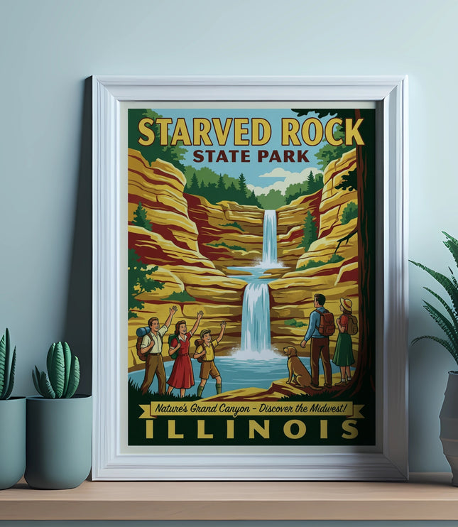 Starved Rock State Park Illinois poster with waterfall and happy people.