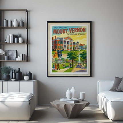 Vintage travel poster for Mount Vernon, Illinois, featuring historic buildings and residents.