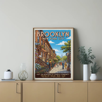 Brooklyn, New York City vintage travel poster with text and illustration.