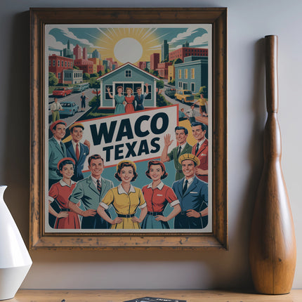 Retro Waco Texas poster with smiling families and cityscape.