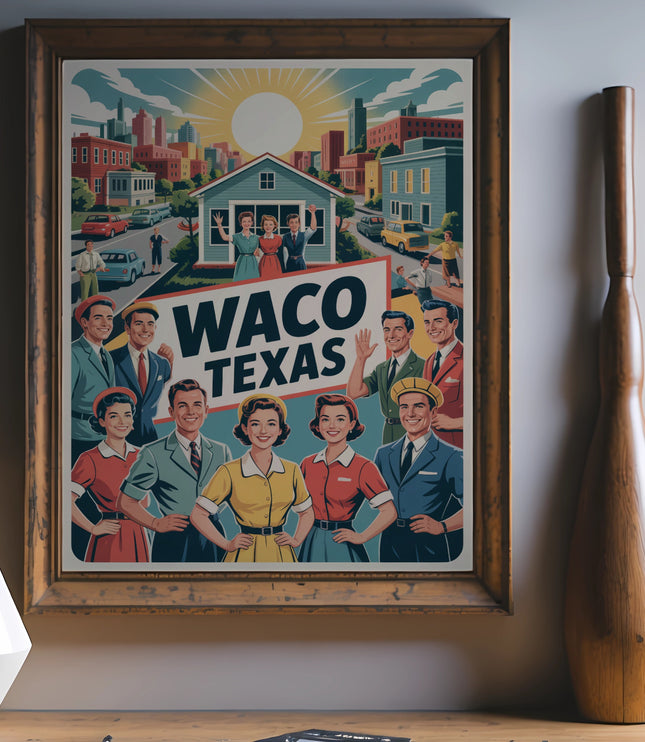 Retro Waco Texas poster with smiling families and cityscape.