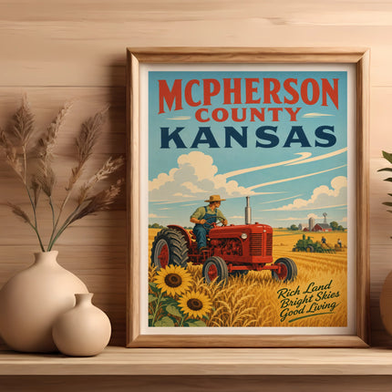 Vintage McPherson County Kansas travel poster with a tractor and sunflowers.