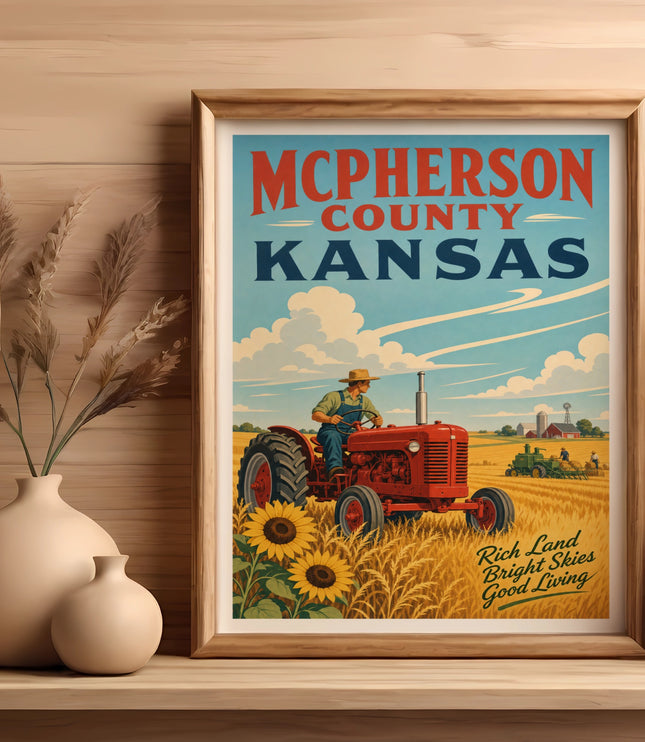 Vintage McPherson County Kansas travel poster with a tractor and sunflowers.
