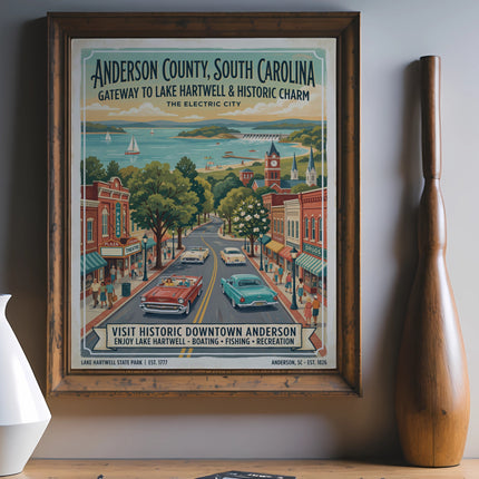Retro travel poster for Anderson County, SC, depicting downtown and Lake Hartwell.