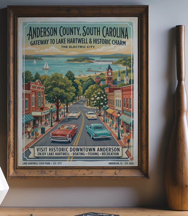 Retro travel poster for Anderson County, SC, depicting downtown and Lake Hartwell.
