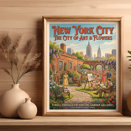 New York City art and flowers poster with garden scene and vintage text.