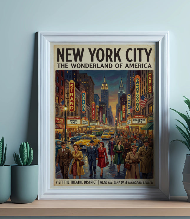 New York City The Wonderland of America poster with theater district and cars.