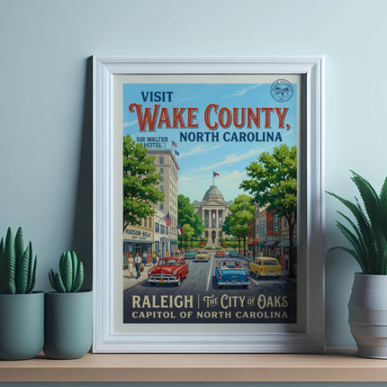 Vintage poster of Wake County, North Carolina, showing a street scene with the Sir Walter Hotel.