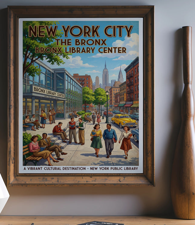 New York City The Bronx Bronx Library Center poster with people and buildings.