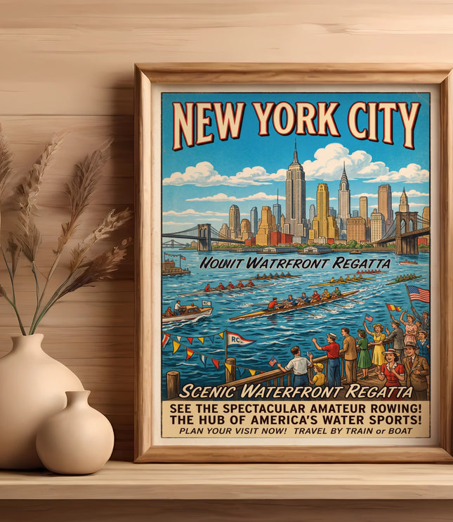 New York City waterfront regatta vintage travel poster with skyline and rowers.