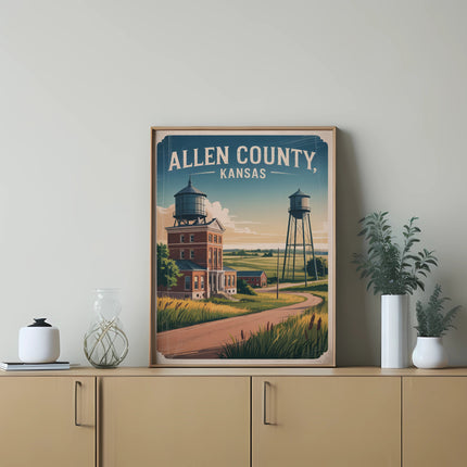 Vintage poster of Allen County, Kansas, featuring buildings and water towers.