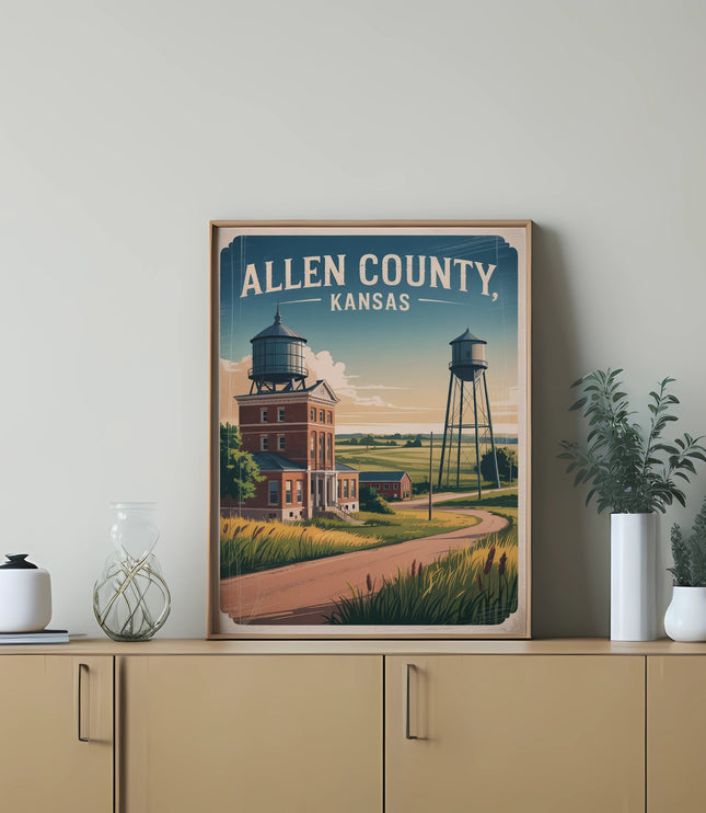 Vintage poster of Allen County, Kansas, featuring buildings and water towers.