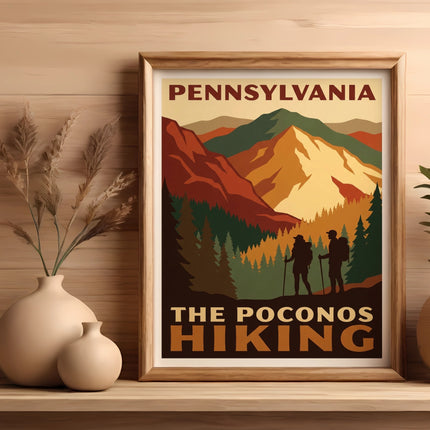Pennsylvania hiking poster with mountains, trees, and two hikers.