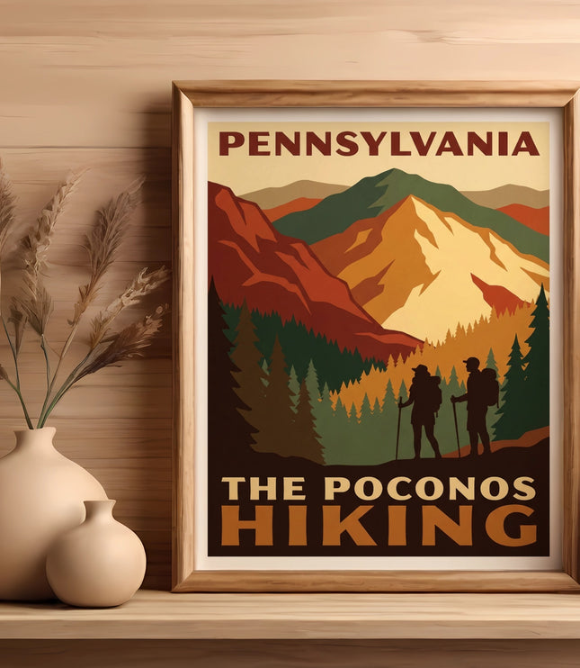 Pennsylvania hiking poster with mountains, trees, and two hikers.