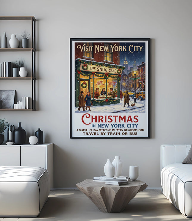 Vintage "Christmas in New York City" poster featuring "The Snug Cafe".