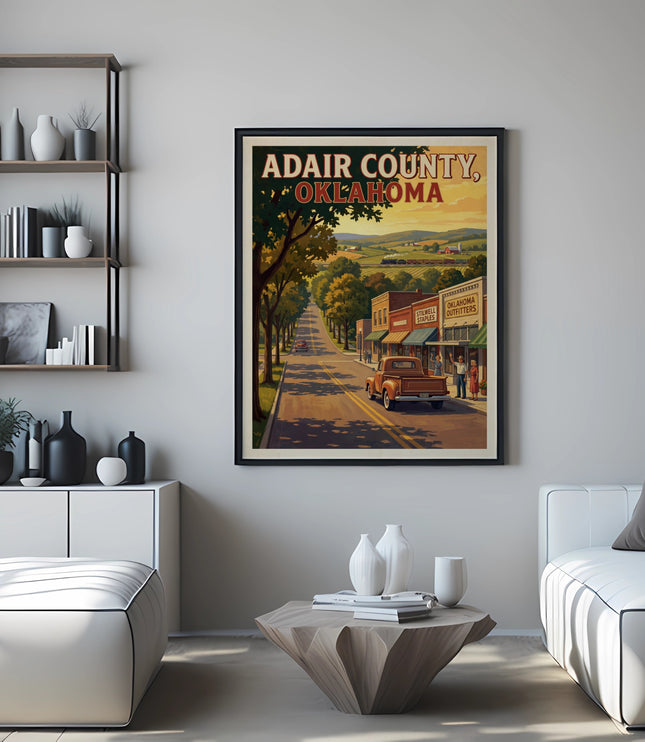Adair County, Oklahoma vintage travel poster with town street and landscape.