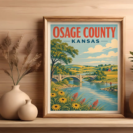 Osage County, Kansas vintage travel poster with landscape and text.